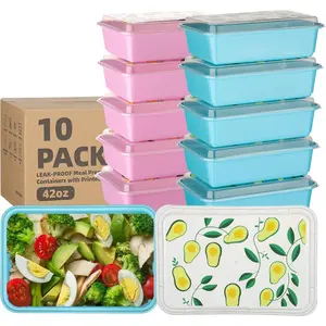 10 Pack 42 oz Meal Prep Containers, Reusable Plastic Food Prep Storage Containers with Printed Lids, Stackable, Leakproof, Microwave & Freezer & Dishwasher Safe,To Go Take Out Box, Avocado