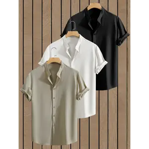 3pcs set of Men's summer plain short-sleeved stand-up collar shirts, breathable and comfortable textured button-up tops, casual and fashionable versatile shirts, suitable for daily wear, beach vacation, combination of 3pcs set