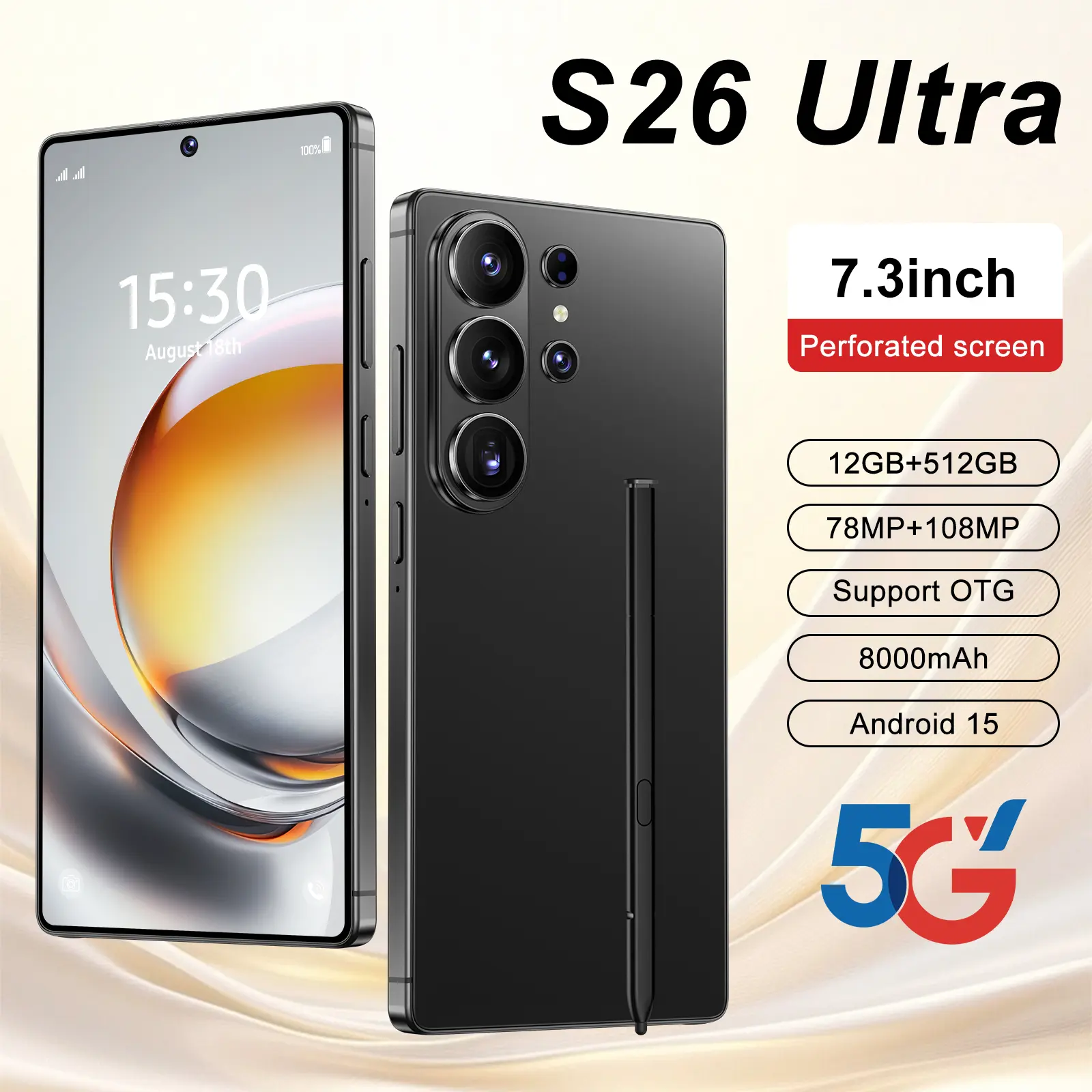 2026 S26 Ultra 5G Smartphone: 12GB+512GB, Android 15, 8000mAh Large Battery, 78MP+108MP HD Camera, 6.99" Display, Built-in Stylus, Unlocked with Case