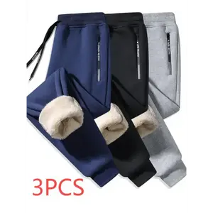 3pcs Men's Fleece-Lined Joggers Casual Warm Fleece Athletic Pants- Comfortable Solid Color, Polyester Sweatpants with Pockets for Winter