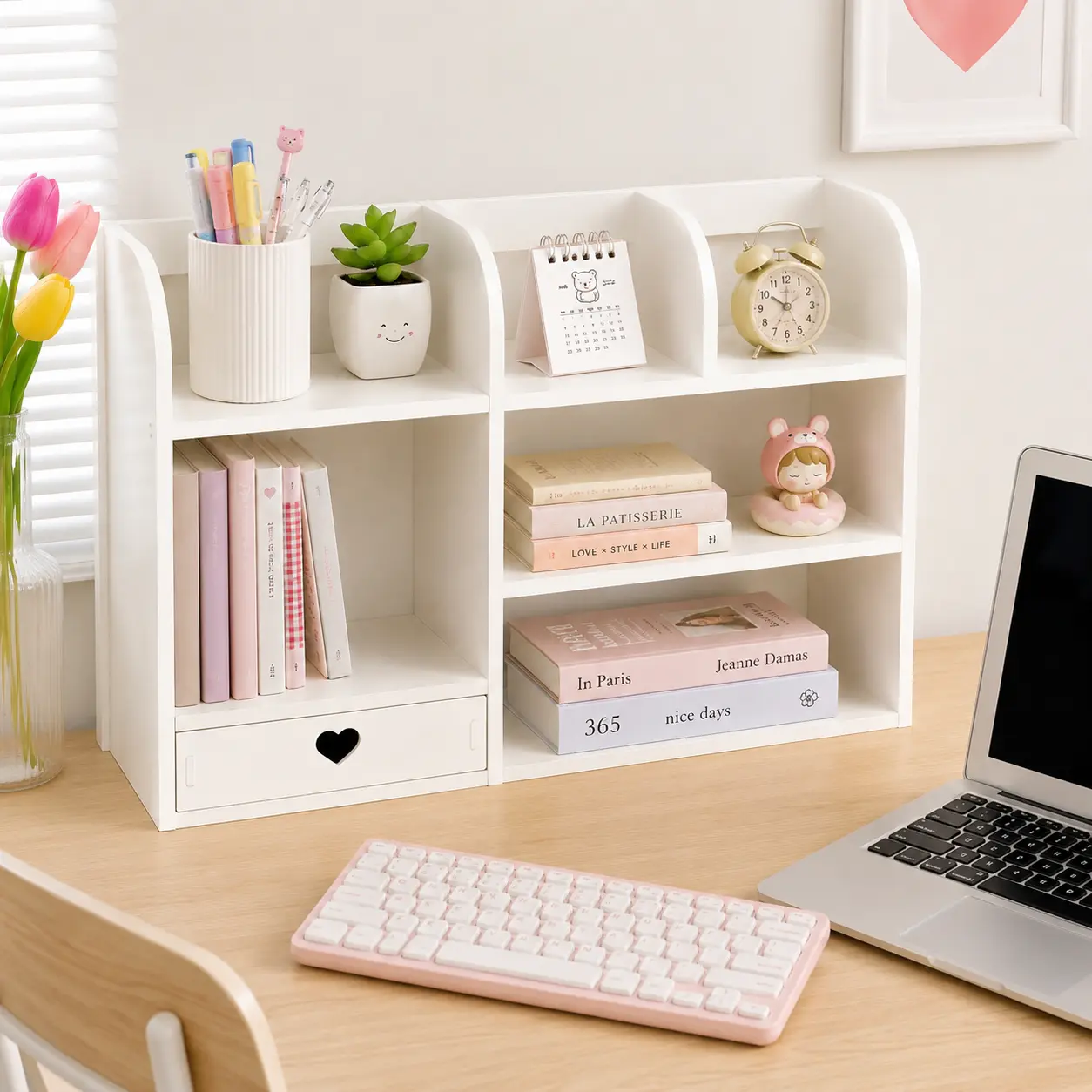 Cute Desktop Bookshelf Organizer with Drawer, Multi-Compartment Desk Shelf for Books, Stationery, Figures and Small Items, Study Desk Storage for Dorm, Office and Home