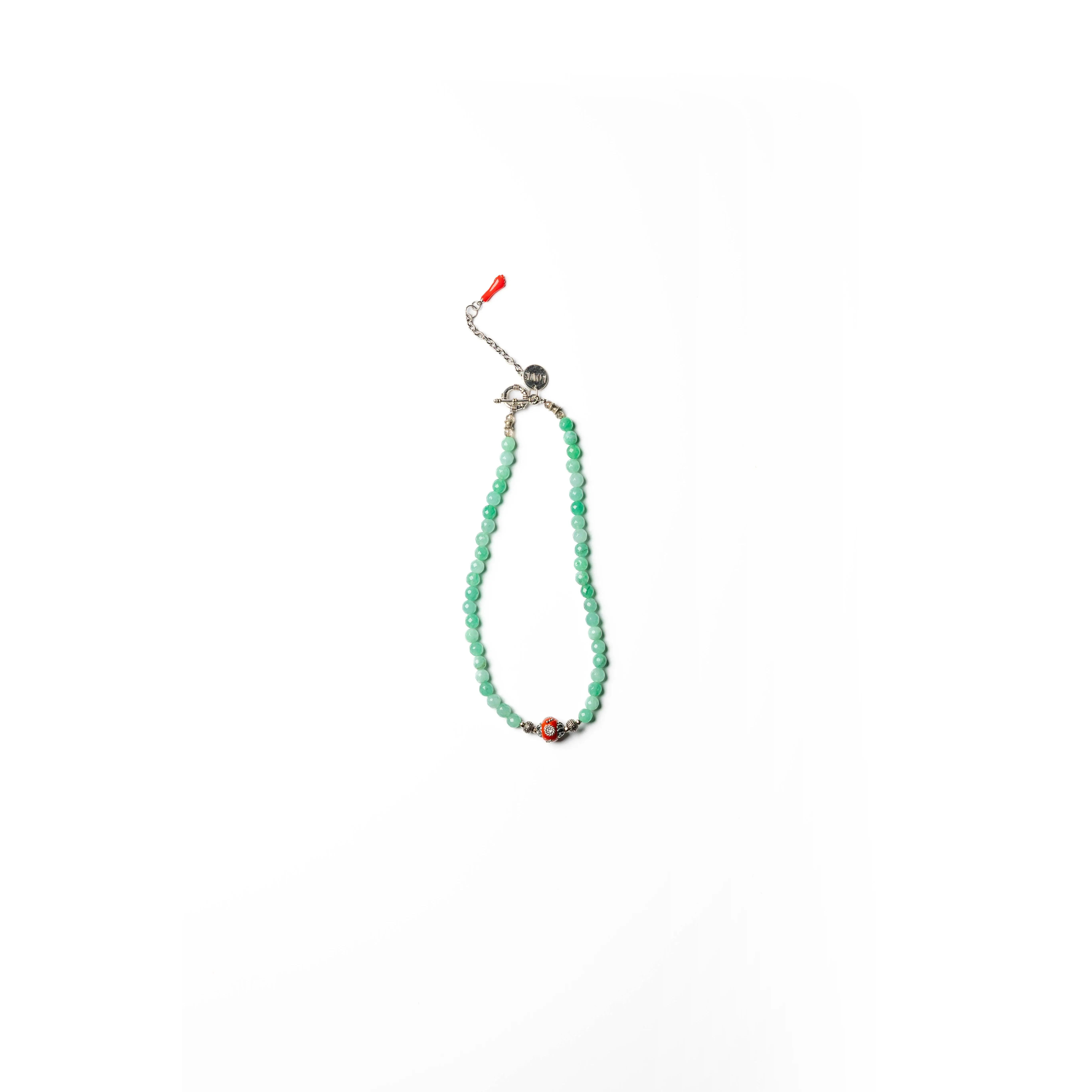 Mint Green Beaded Necklace with Coral & Silver Accents