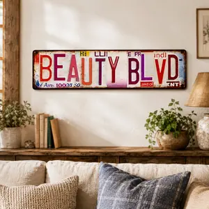 Beauty Blvd Vintage License Plate Metal Sign, Glam Room Wall Decor, Retro Beauty Salon Tin Sign for Makeup Room Spa Hair Salon Boutique Decor Gift outdoorfun