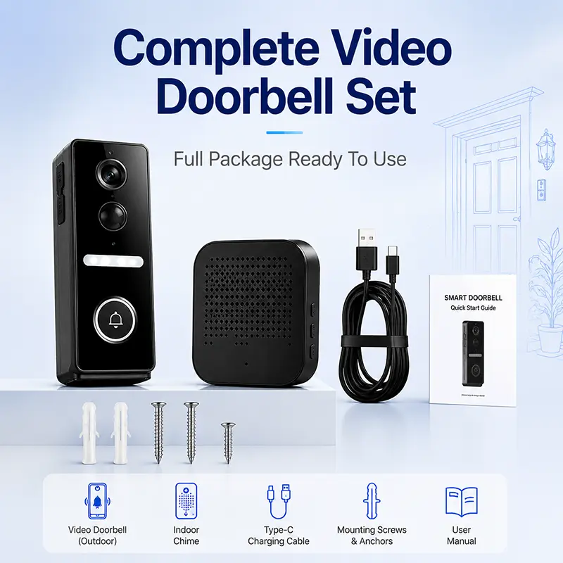 Smart Video Doorbell with Indoor Chime,720P HD 2.4GHz WiFi Wireless Security Doorbell Camera,2-Way Audio,4000mAh Rechargeable Battery,Night Vision Motion Detection,No Subscription Fee,All Weather Home Security Door Monitor, Lithium Ion Battery, Wi-Fi, Sma