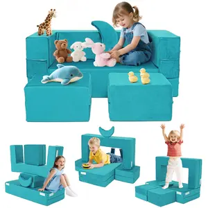 5-Piece Modular Kids Play Couch, Foldable Toddler Foam Sofa, Velvet Convertible Play Chair Floor Cushion, Soft Plush Foam Furniture for Boys Girls Playroom Bedroom