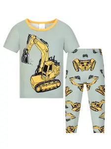 Boys Round Neck Short Sleeve Long Pants Sleepwear 2 Piece Set, Excavator Digital Print, Skin-Friendly Comfort, Casual Home Wear