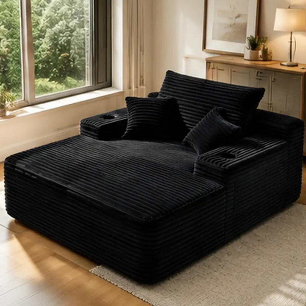 Convertible Chaise Lounge Chair Sofa Bed with Wide Armrest Throw Pillows Cup Holder Plush Corduroy Fabric Foam Spring Padding Oversized Boneless Sleeper Armchair No Assembly Required for Living Room Bedroom Black, Black Color Options