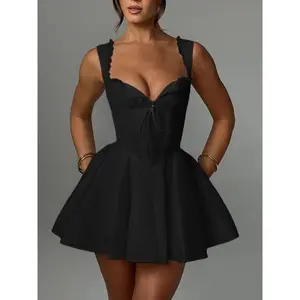 Women's Contrast Lace Sweetheart Neck Fit and Flare Dress, Elegant Button Corset Structure Short Dress for Party Wedding Guest, Ladies Summer Clothes