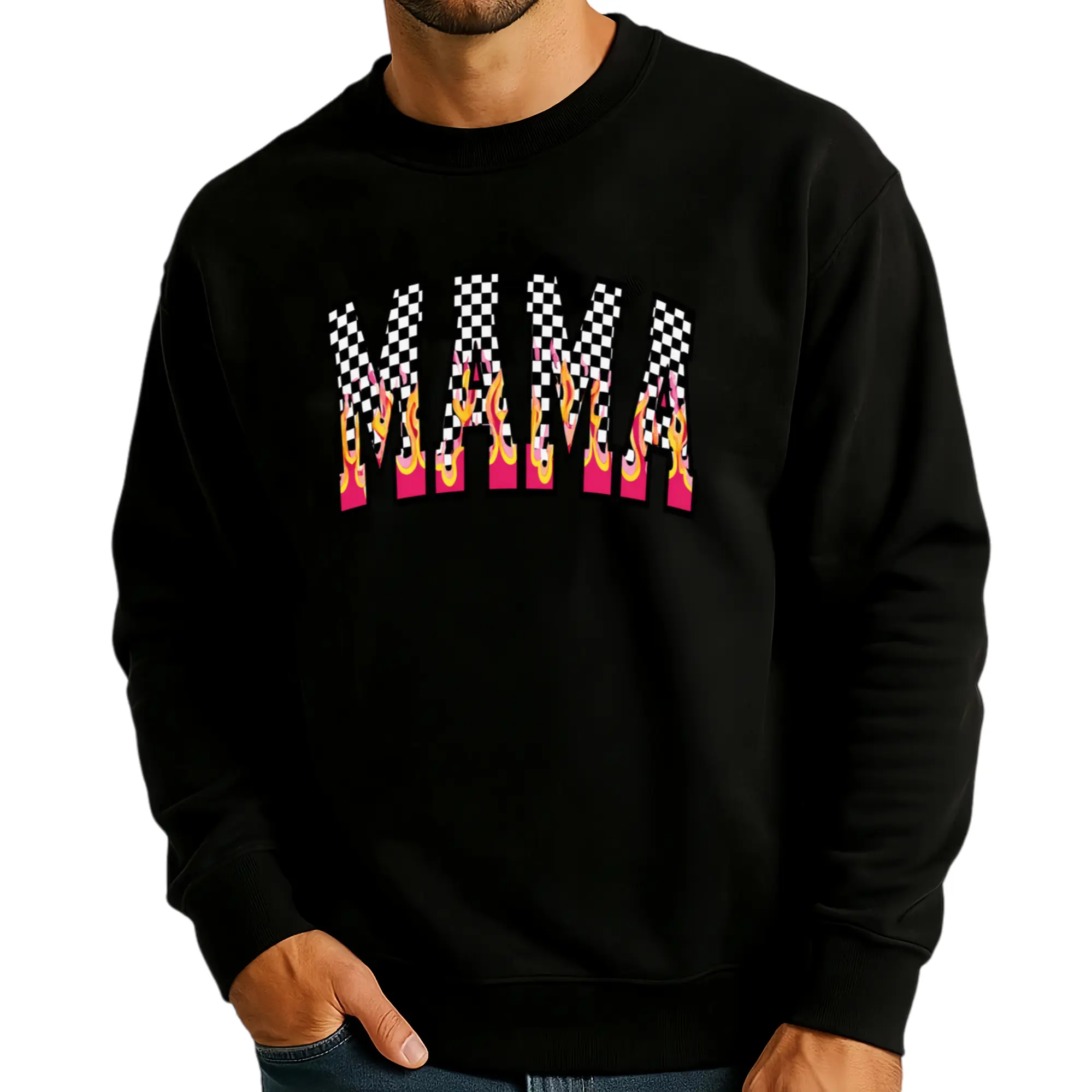 MAMA Checkered & Flame Long Sleeve Sweatshirt – 100% Pure Retro Street Style, Casual Crew Neck, Regular Fit, Perfect for All Seasons