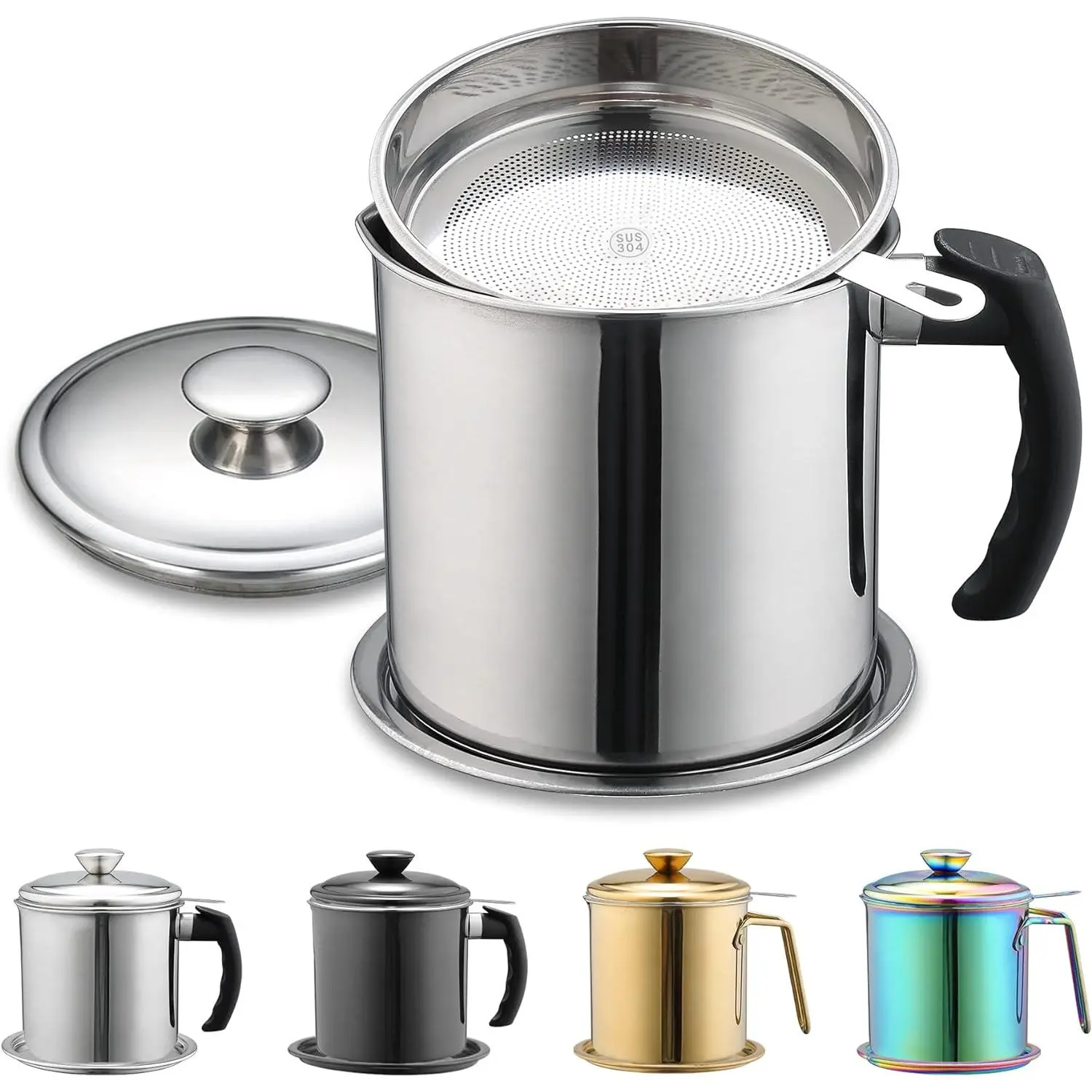 Stainless Steel Bacon Grease Container with Strainer, 47oz/1.4L Metal Kitchen Oil Storage Container with Fine Mesh Filter & Dust Cover, Cooker Accessories for Frying Oil