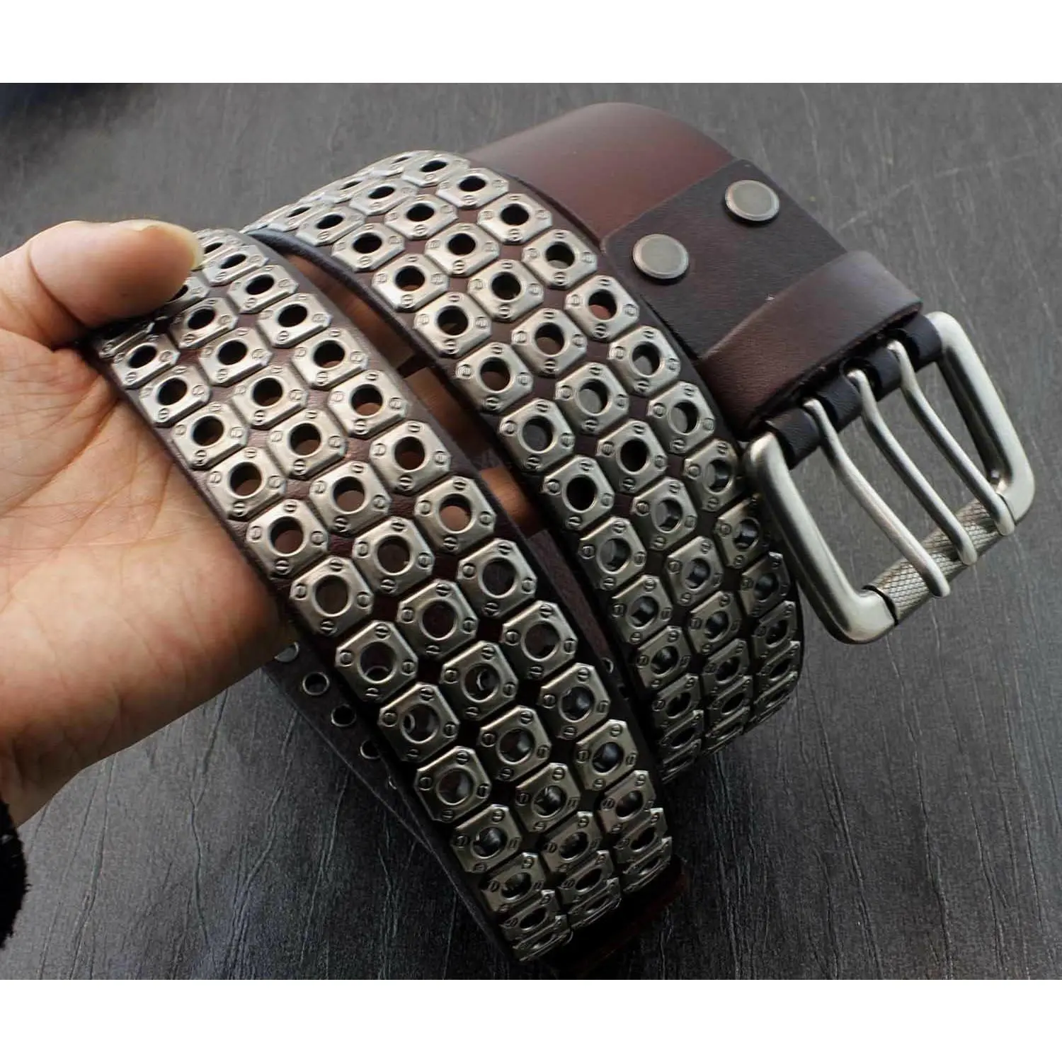 Mens Punk Biker Studded Three Hole Real Leather Belt Waistband w/ Roller Buckle