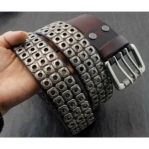 Mens Punk Biker Studded Three Hole Real Leather Belt Waistband w/ Roller Buckle
