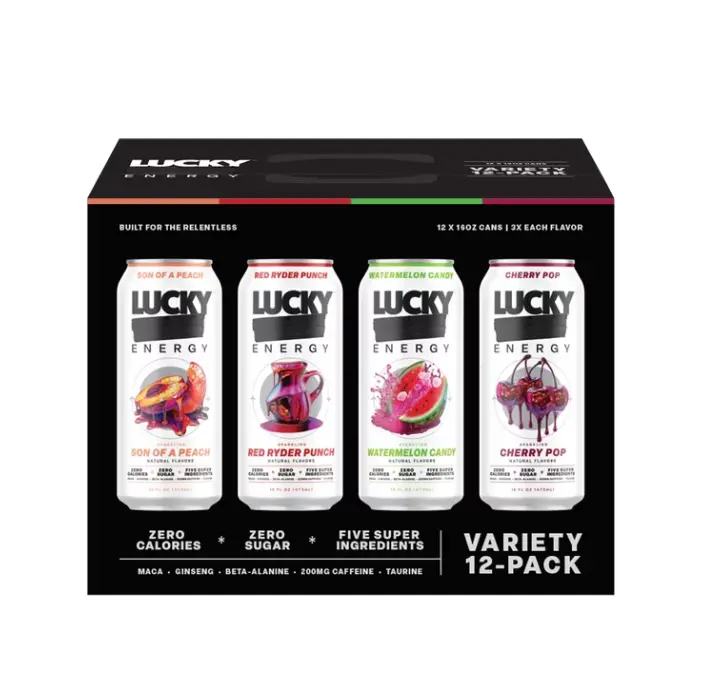 Lucky Energy Sugar Free Energy Drinks 16 oz Cans (12-pack), Variety Pack with Maca, Ginseng, Taurine, Beta-Alanine, 200mg Caffeine, Zero Calories
