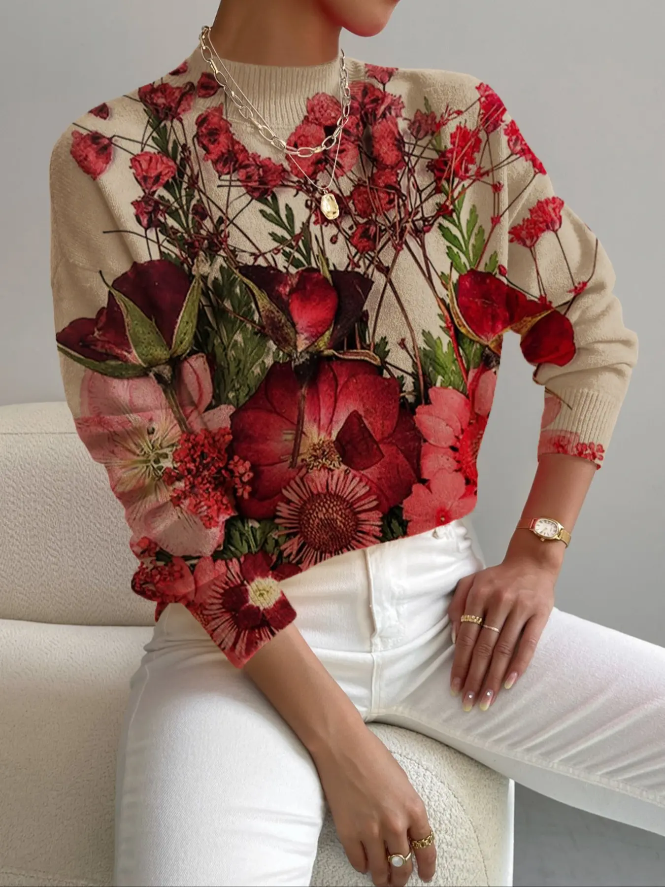 Women's Knitwear Knitted Floral Print Sweater Crewneck, Fall & Winter Fashion, Elegant Style, Casual Comfortable Design, Perfect for Daily Wear