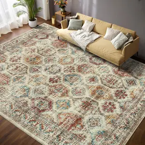【GARVEE】Washable 8x10 Area Rug for Living Room, Non-Slip Vintage Style Floor Carpet, Low Pile Foldable Printed Rug, Soft Non-Shedding Faux Wool, Ideal for Dining Room and Nursery, Multicolored