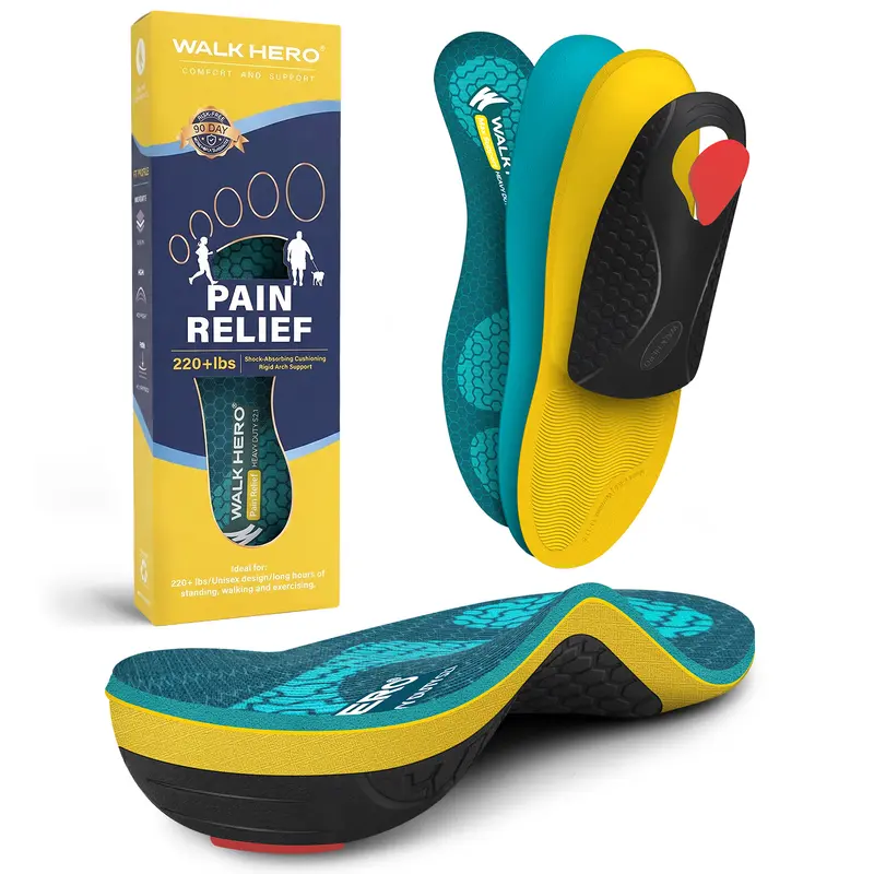 WALKHERO Sturdy Heavy Duty Orthotic Foam Pad Insoles for 220+ lbs - Supportive Soles, Footwear Pressure Relief, Plantar Fasciitis Relief, High Arch Support, All Seasons Comfort for Workwear, Camping