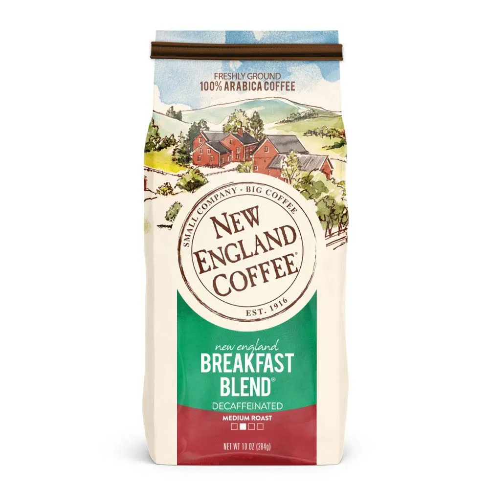 New England Coffee Breakfast Blend Decaffeinated Ground Coffee, Medium Roast, 10 oz 100% Arabica Coffee with Rich Flavor & Low Caffeine