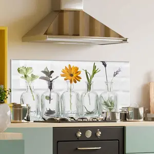 GCKG Bottle of essential oil herbs lavender flower mint rosemary marigold parsley Tempered Glass Kitchen Backsplash, Stove Back Cover, Stove Splashback, Cutting Board, Kitchen Wall Decor