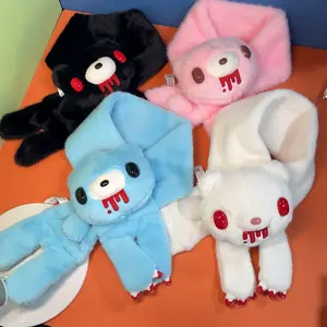 Edgy Bloody Teddy Bear Plush Scarf Gothic Dark Style Soft Fleece Neck Warmer Cute Horror Stuffed Animal Scarves for Women Winter