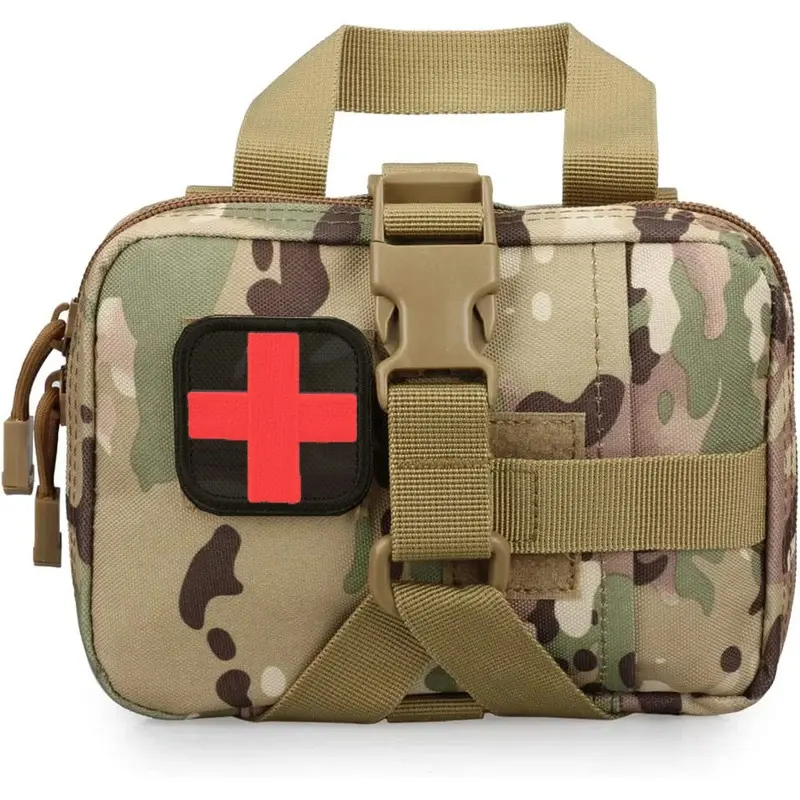 Tactical IFAK Medical Pouch - 800D Oxford Rip-Away MOLLE Bag, Compact Camouflage Survival Supplies for Outdoor Hiking, Attachable to Utility Belt & MOLLE Webbing, Emergency Survival Kit, Military Camo, 18.5*20.5*9.5Cm, Attachable Fit, Black, Cp, Nylon