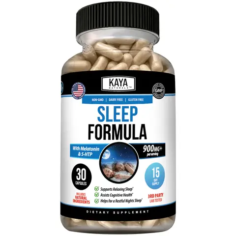 Kaya Naturals Support Sleep Supplements - Melatonin Regulates Sleep Rhythm, L-Tryptophan, Passion Flower, Ashwagandha, 5-HTP Support, Chamomile Blend, Easy-Take Capsule Format