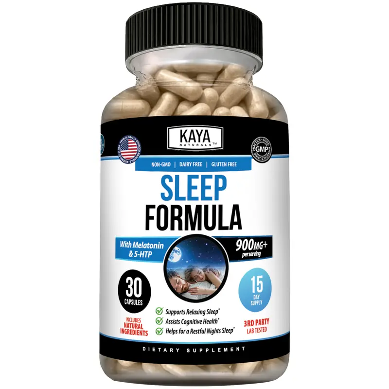 Kaya Naturals Support Sleep Supplements - Melatonin Regulates Sleep Rhythm, L-Tryptophan, Passion Flower, Ashwagandha, 5-HTP Support, Chamomile Blend, Easy-Take Capsule Format
