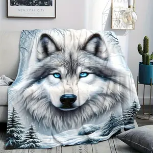 Realistic Blue Eyes Gray Wolf Art Print Flannel Blanket - Soft Boneless Plush, Fluffy Bed Warmer, Winter Snow Forest Animal Character Throw for Bedroom Sofa, Ideal Birthday Christmas Gift for Home Decor, Fluffy Blankets, Animal Character Blankets