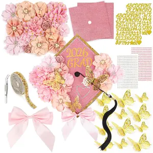 2026 DIY Graduation Cap Decorations Kit 36PCS Includes Fake Flowers Bow 3D Butterfly Self Adhesive Rhinestones Alphabet Letter Stickers for Grad Party Decor Pink