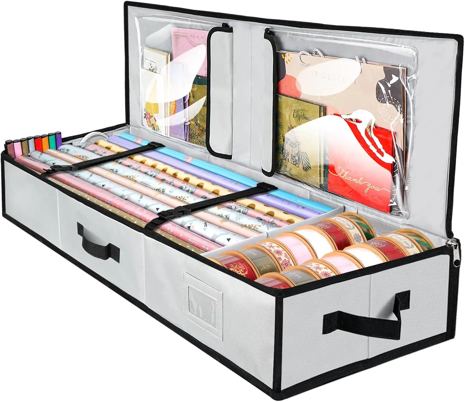 Wrapping Paper Storage Organizer, 40" Durable 600D Oxford Fabric Gift Wrap Storage Bag with Flexible Partitions for Ribbon, Holiday Accessories
