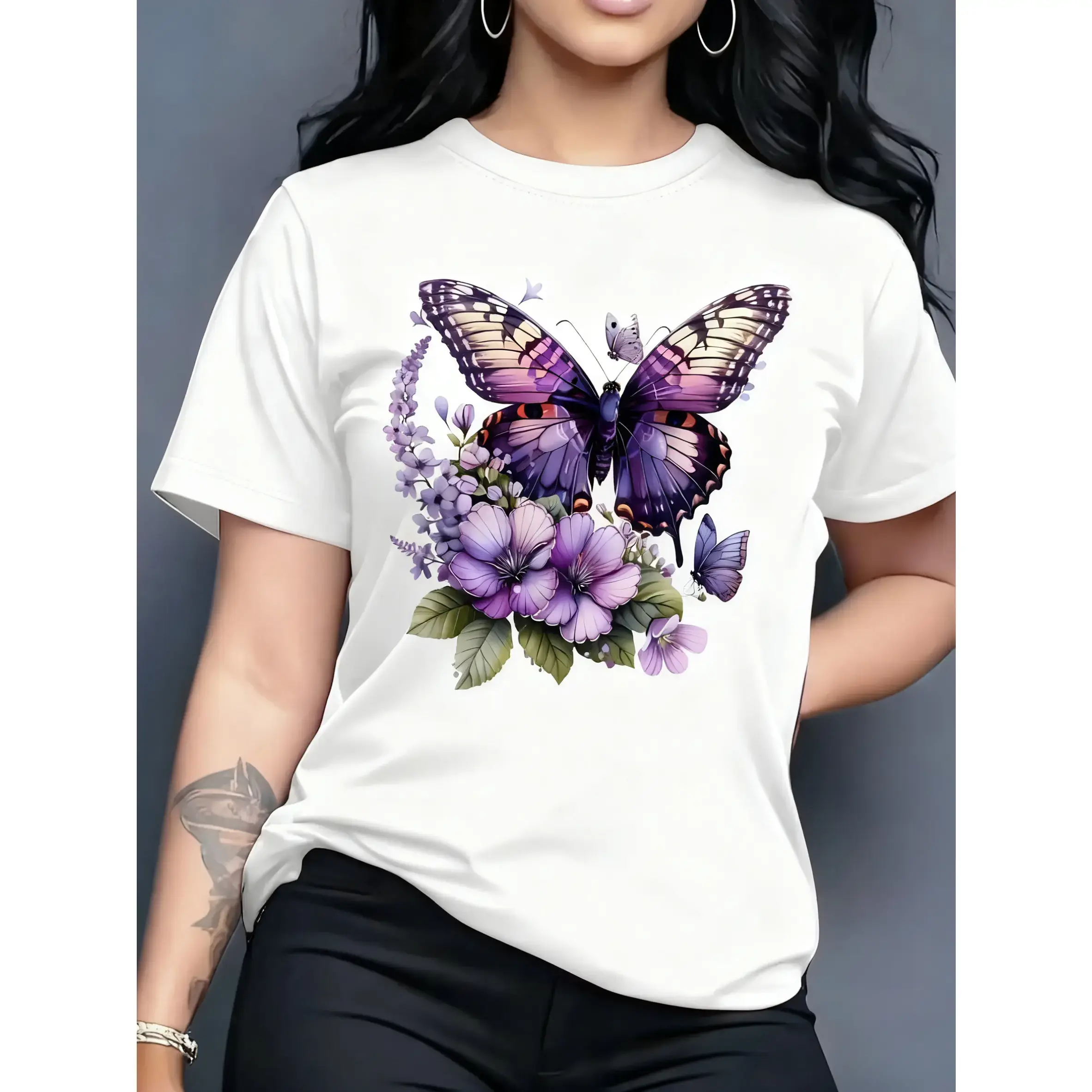 Women's Graphic Cotton Tshirt with a Lilac Floral Butterfly Print - Seamless Round Neck Classic Fit for All-Season Wear, Women's Tops.