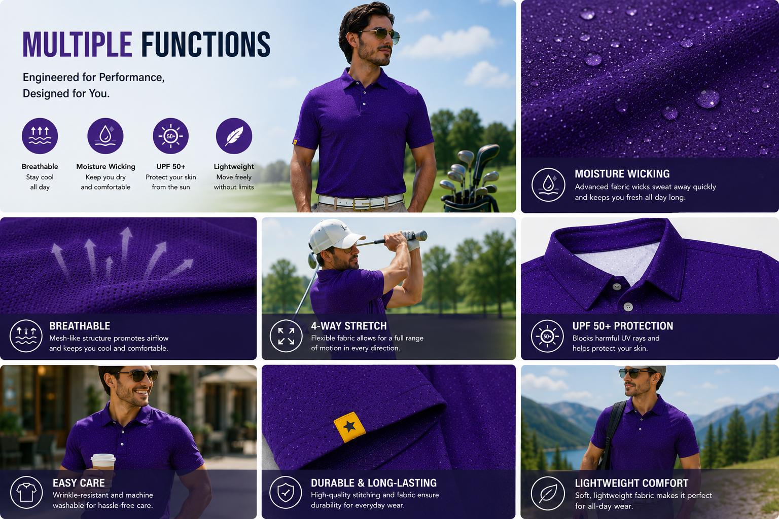 ZITY Men's 3-Pack Polyester Short-Sleeve Golf Polo Shirts - UPF 50+, Moisture Wicking, Polka Dot Print, Breathable Performance Fabric for Casual Outdoor Wear, Polka Dots