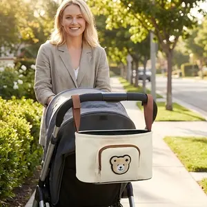 Cute Bear Stroller Hanging Bag, Large Capacity Organizer Pouch, Holds Tissue & Water Cup, Easy Paste Installation, Baby Gear Accessory, Stroller Caddy