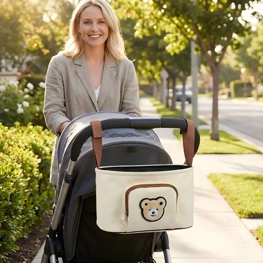 Cute Bear Stroller Hanging Bag, Large Capacity Organizer Pouch, Holds Tissue & Water Cup, Easy Paste Installation, Baby Gear Accessory, Stroller Caddy, Stroller Accessories