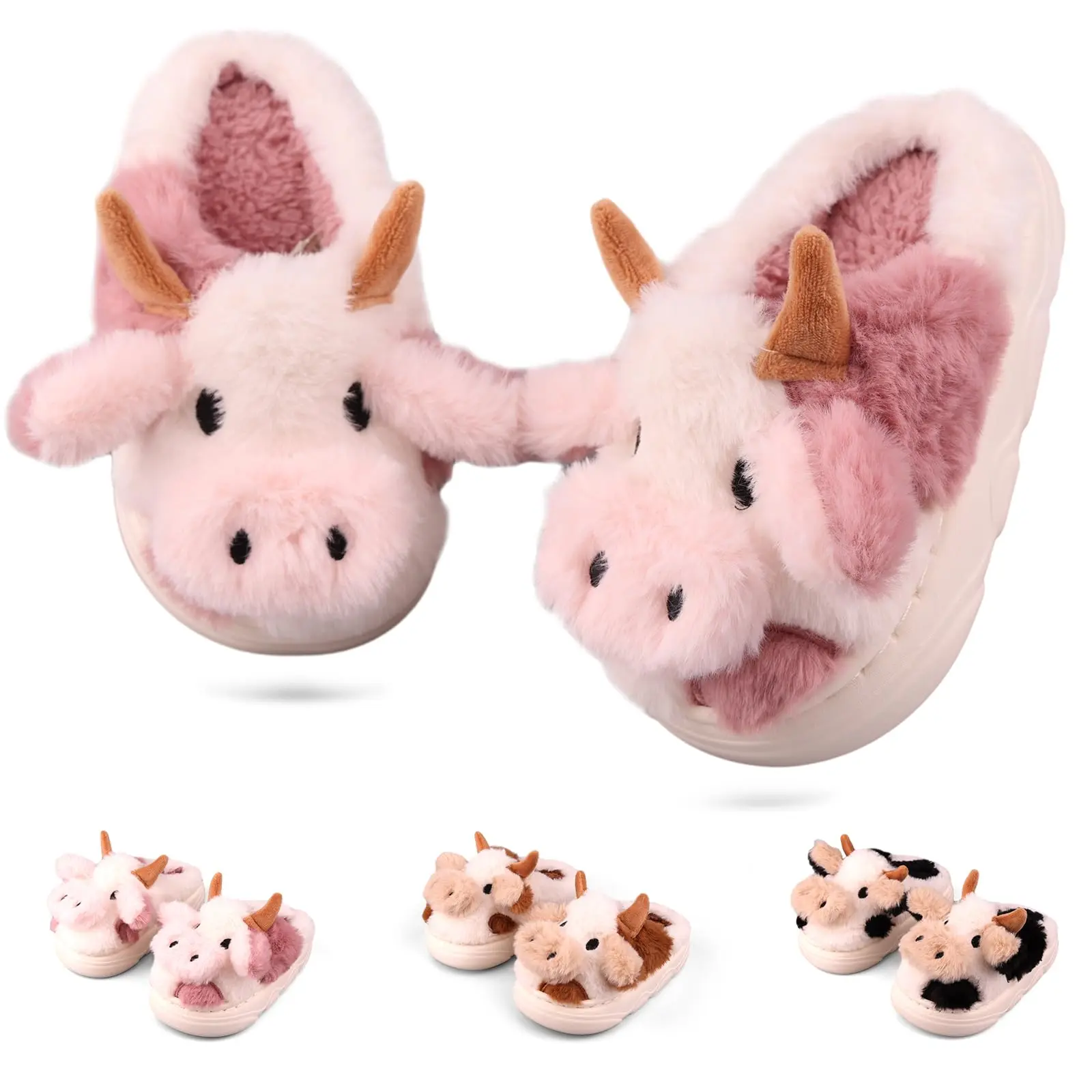 DIOLV Cow Shaped Slippers for Kids & Adults, Cute Cartoon Fuzzy Plush Slides with Memory Foam & Non-Slip Soles, Cute Cartoon Slides