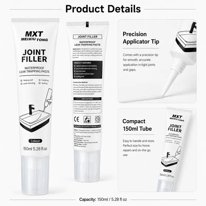 Waterproof Caulk Tape+Scraper Kit, 150ml Interior Joint Filler Sealant for Bathroom-Kitchen Tile Joints & Edges, DIY User Tool Set with Masking Tape, Smoothing Scraper for Scraping to Smooth & Sealing Gaps