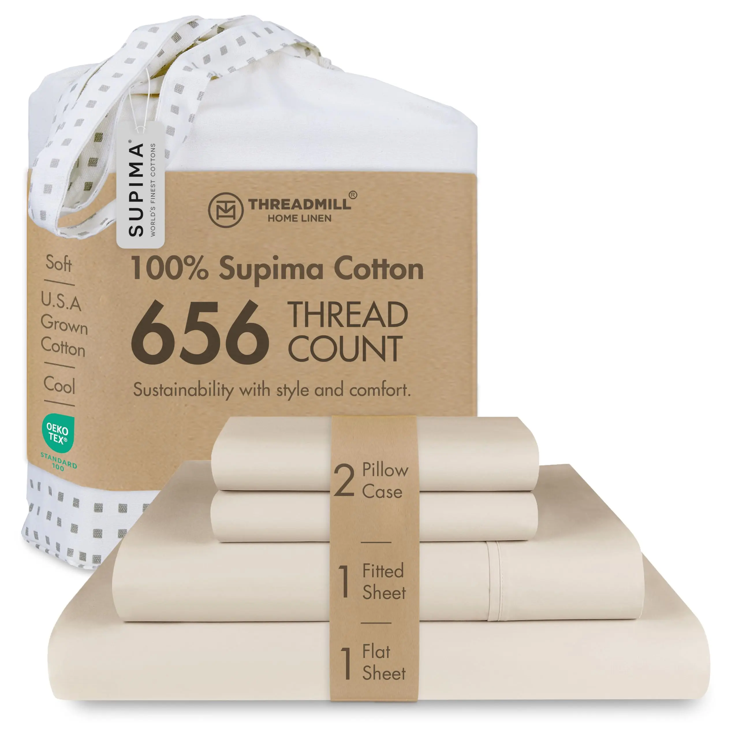 Threadmill Home Linen 4-Piece Luxury Sateen Sheet Set, Certified American Supima Cotton, 656TC, Hotel-Quality, Natural Sheen Bedding Sheets & Pillowcases