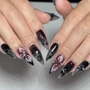 Handmade Gothic Smoke Press On Nails | 3D Dark Purple Flowers With Black Jelly Chrome Effect | Nails For Moody Fall Vibe