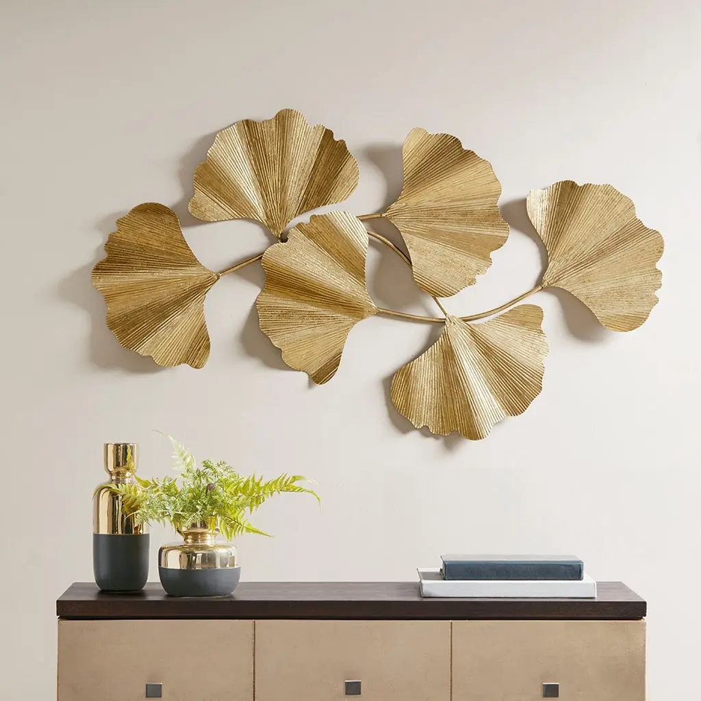 Martha Stewart MT167-0023 Modern Artistic Gold Ginkgo Leaf Hanging Sculpture Wall Decor (Single Unit) - Iron Frame, Hooks Included, Nature Art, Decor Inspo, Mount-Compatible, 43x1.6x23.5 in, Wipe-Clean Home Accent, Home Supplies