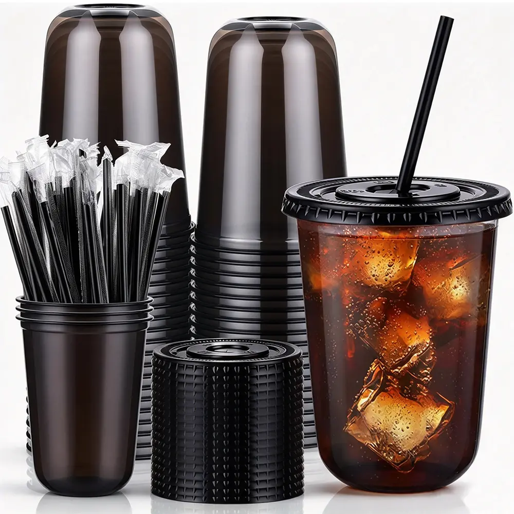 50 Set 16oz Black Disposable Plastic Iced Coffee Cups, Complete with Snap-On Lids & Straws, For Hot & Cold Drinks, Ideal for Iced Coffee, Milk Tea, Smoothies, Juices, Perfect for Parties, Home Bar & Daily Beverage Serving