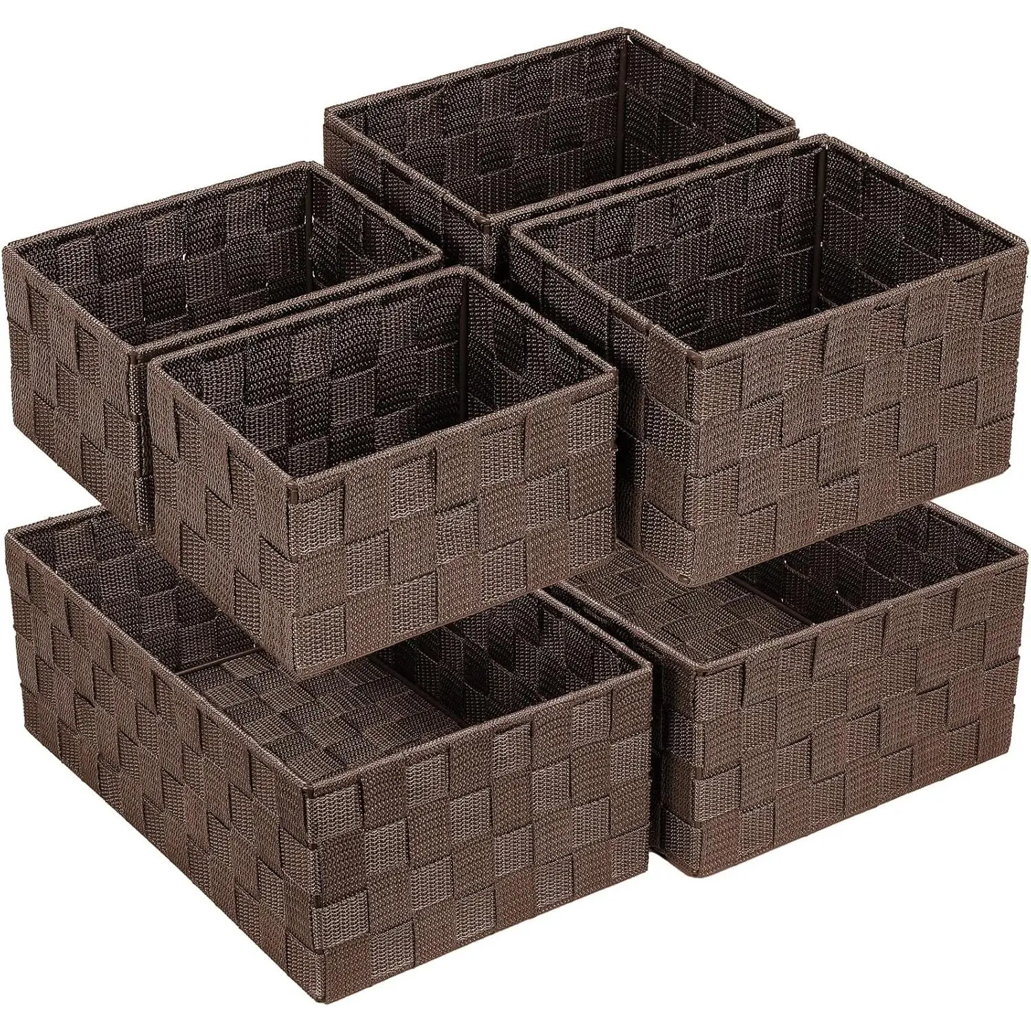 Woven Storage Baskets Organiser 6-Pack, Lightweight Large & Small Cube Bins Set for Household Bathroom, Cabinet, Laundry - Storage Containers for Drawer, Shelf, Dresser, Brown