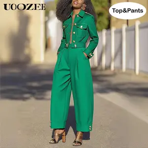 UOOZEE Women's New Fashion Casual Office 2 Piece Set Buttoned Green Thin 100% Cotton Lapel Jackets & High Waisted Wide Leg Pleated Pants Suits (Women with Broad Shoulders Are Recommended To Choose A Size Larger.) matching sets women