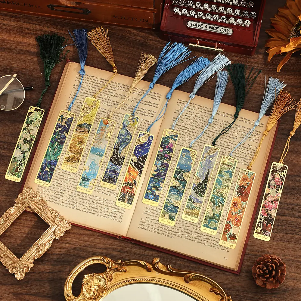 pack of 12 flowers metal bookmarks with tassels gold bookmarks van Gogh paintings bookmarks for readers students teachers Birthday Gifts.book accessor
