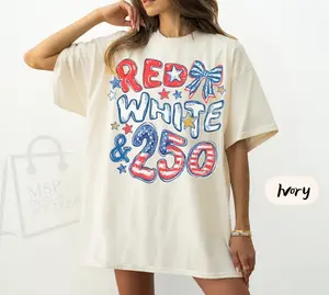 Comfort Colors Red White & 250 Anniversary Shirt, Bow Preppy Patriotic T-Shirt, 250 Years Of America Tee, Coquette 4th Of July Women's Gift