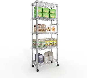 5-Tier Storage Shelves Heavy Duty Metal Wire Rack Shelving, 1100 LBS Capacity Rolling Storage Rack with Wheels, for Living Room Pantry Kitchen Bedroom Organization