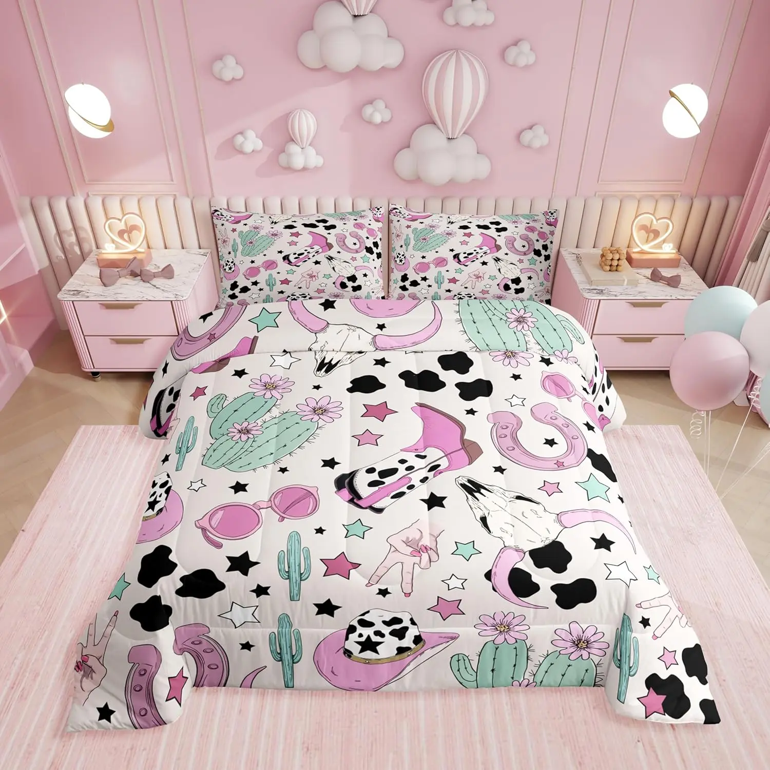 Feelyou Western Bull Skull Polyester Blanket Bedding Set - Bedroom Blanket, Pink Cowgirl Boot, Cow Print, Horseshoe Duvet, U-Stitching, Multi-Size, Travel-Ready for Girls