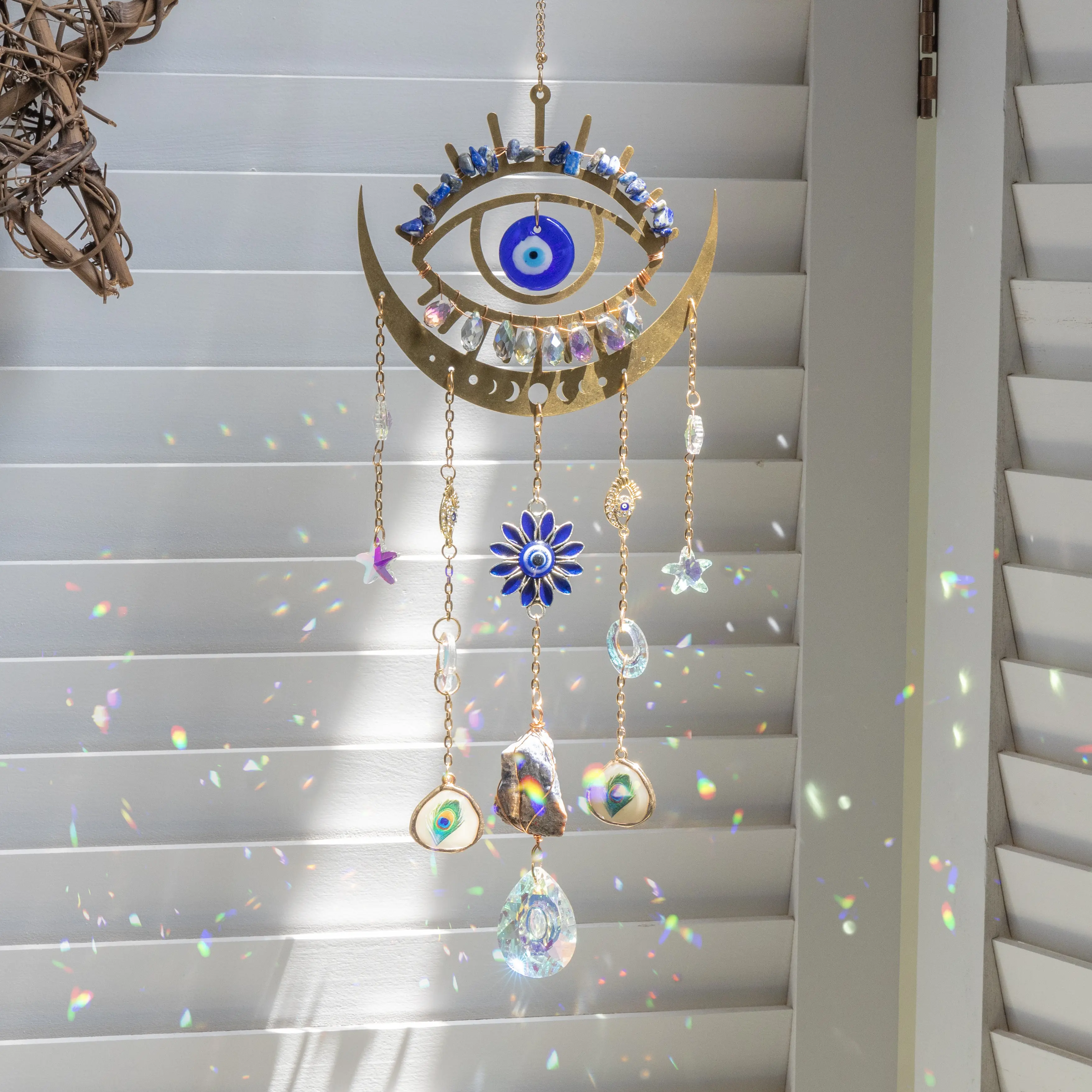A-Devil's Eye Crystal Dream Sun Catcher, Handmade Metal Clock Ornament, Hangable Rainbow Maker with Dazzling Reflections, Meaningful Home Wall Decor, Gift Box-Included Birthday Christmas Gift