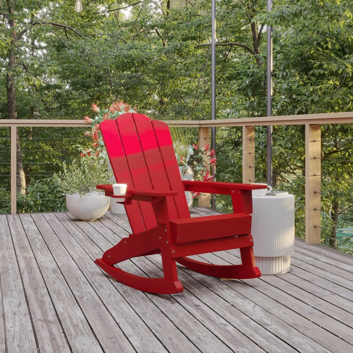 Flash Furniture LE-HMP-1044-31-RD-GG Newport Adirondack Rocking Chair with Cup Holder, Weather Resistant HDPE Adirondack Rocking Chair in Red