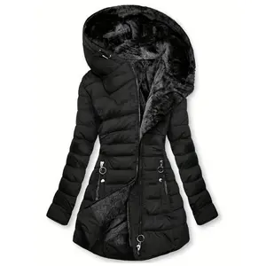 Women's Zippered Hooded Long Sleeve Pocket Faux Fur Lined Down Jacket for Winter Casual Wear(Sheets)