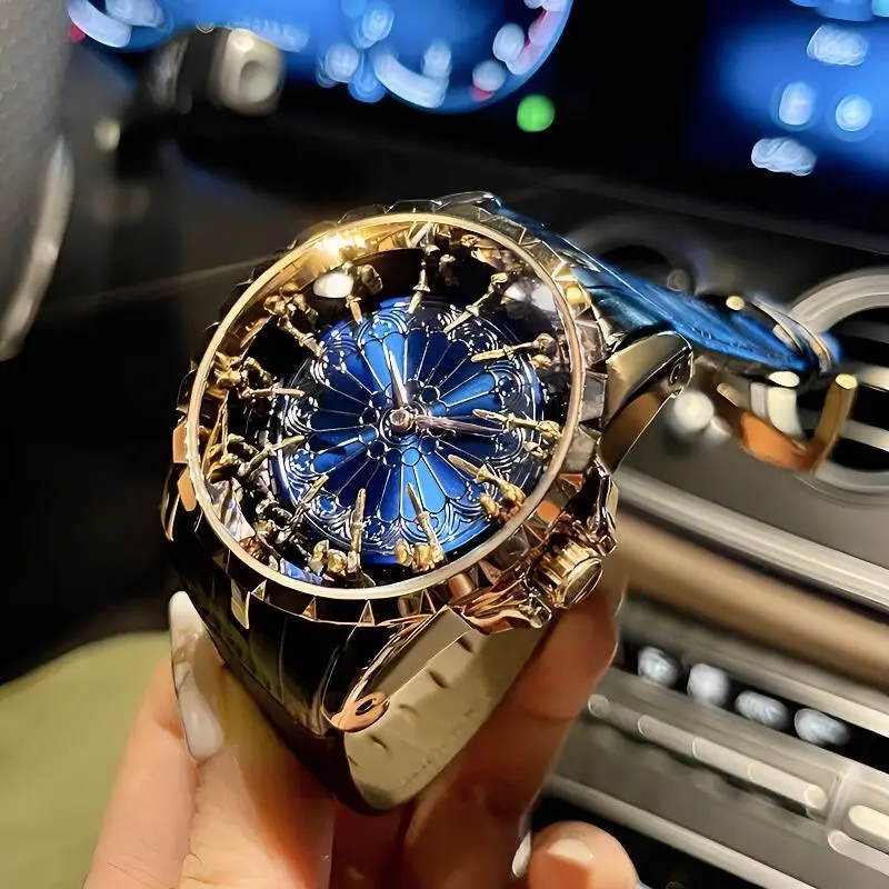 Luxury Skeletonized Twelve Knights Watch Rose Gold Engraved Black Leather Strap Quartz Watch【BIG ONE WATCH】