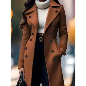 Elegant Solid Color Double-Breasted Overcoat for Women - Polyester, Machine Washable, Non-Stretch Fabric - Perfect for Fall/Winter